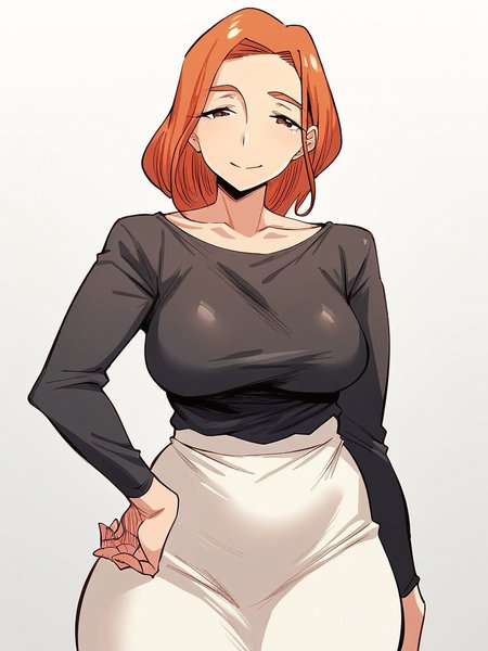 score_9, score_8_up, score_7_up,  
1girl,  hasegawa ayako, mature female, medium hair, large breasts, orange hair, brown eyes,

white skirt, tight skirt, black t-shirt, long sleeves, 

looking at viewer, narrowed eyes, smile, closed mouth,
standing, 
solo, white background,