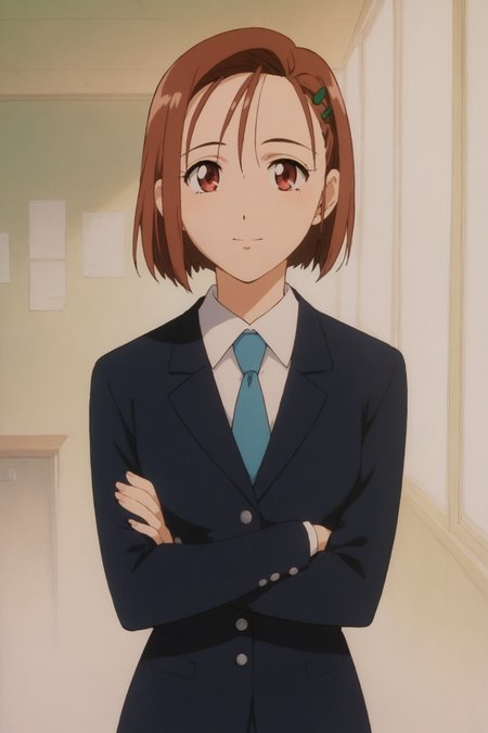 score_9, score_8_up, score_7_up, score_6_up, score_5_up, source_anime, rating_safe, medium breasts, indoors, study room, 1girl, solo, looking at viewer, <lora:age_slider_v4:3>, yukino miyazawa, pleated skirt, hair ornament, blazer, jacket, blue necktie, shirt, short hair, brown hair, school uniform, skirt, black thighhighs, loafers, <lora:Yukino_Miyazawa:0.8>, crossed arms, (upper body:1.2)