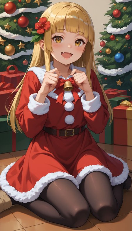 score_9, score_8_up, score_7_up, score_6_up, , solo, 20yo woman, (Beuty:1.1) , (cute:1.3), ,perfecteyes , seductive smile,perfect (photo realistic:1.2), (simple background:1.1), 
 <lora:Fukaziroth:1> fukaziroh_(sao) , 1girl,, blonde hair, smile, open mouth, long hair, yellow eyes,  :d, long, brown footwear, blunt bangs, fang,  indoors, hair flower, bowtie, red bow, black pantyhose, fur trim, hands up, bell, red dress, frilled dress, santa costume, christmas tree, fur-trimmed dress, christmas ornaments, presenting gift box, blush, embarased