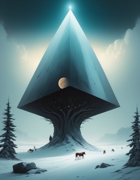 Surrealist art <lora:CivitAI__Style_Fusion_-_FFusionAI_Entry:0.6>, digital art, Organic "Final Cut", Pixabay, Winter, Wide view, trending on CGSociety, Voidpunk, Light and shadow plays, Unsplash, highly detailed, by ross tran, wlop, yuri shwedoff, tom bagshaw, craig mullins . Dreamlike, mysterious, provocative, symbolic, intricate, detailed