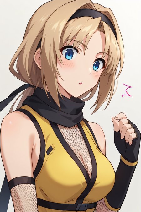 score_9, score_8_up, score_7_up, source_anime, rating_safe, intricate details, anime screencap, official style, 1girl, solo, <lora:Haruka:1>, haruka, long hair, light brown hair, low ponytail, hairband, blue eyes, black scarf, ninja, yellow clothes, medium breasts, fishnet cleavage, white hair ribbon, fingerless gloves, black elbow gloves, zettai ryouiki, surprised, upper body, looking at viewer, blush