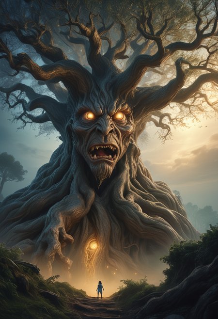 (long shot , slightly above) of enchanted tree battling a monster, detailed face, located in a magical scene at a serene celestial realm during golden hour with foggy weather, illuminated by starlight, creating a heroic ethereal atmosphere, detailed face, ,Masterpiece,best quality, photo, realistic, very aesthetic