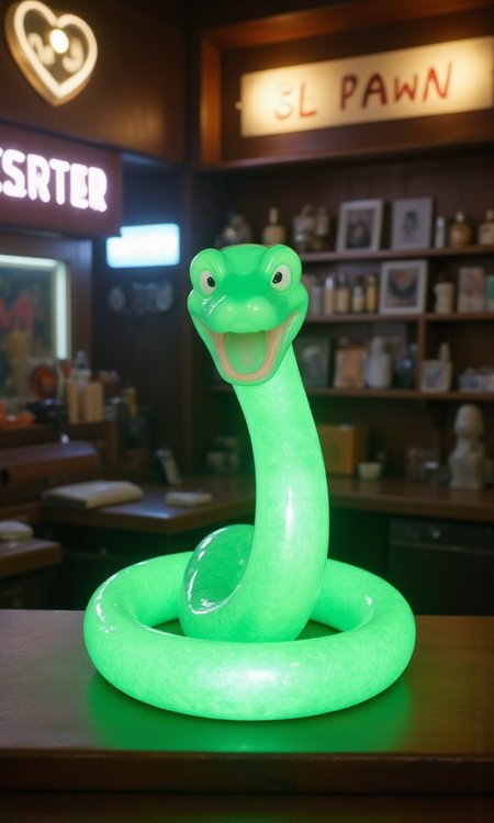 jade_snake, shebaaobao, neouv, cartoon snake made out of glowing illuminated iridescent jade ready to bite somebody on the counter of a pawn shop in New York City  <lora:jadesnakeflux-000001.safetensors:1.0> <lora:shebaobao_flux_snake_Cartoon_v2.safetensors:1.0> <lora:neouv_flux_03.safetensors:1.0>