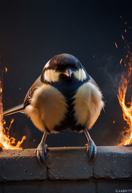 score_9, score_8_up, score_7_up, score_6_up, score_5_up, score_4_up, rating_safe,source_photorealistic,upper body,1bird,a gaint tit rampaging throughout a burning city