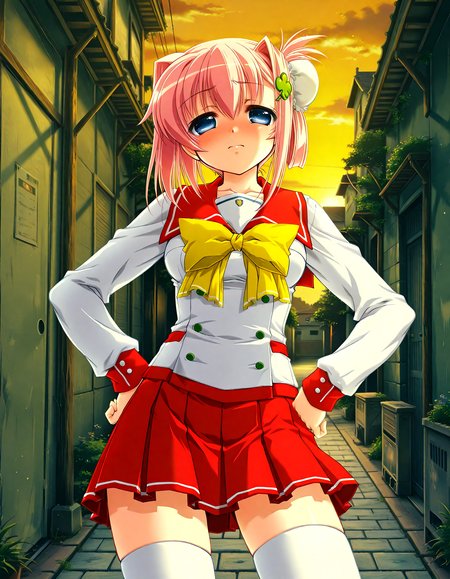 (1girl, solo:1.3), (2girls, 3girls, 4girls, multiple girls, 2boys, 3boys, 4boys, multiple boys:-1.5) <lora:Ainame_Chisato_Hachukano_Illustrious:0.9>, Ainame Chisato, medium breasts, blue eyes, pink hair, short hair, bangs, hair intakes, hair between eyes, sidelocks, bun cover, single hair bun, hair bun, four-leaf clover hair ornament, clover hair ornament, hair ornament, school uniform, serafuku, sailor collar, long sleeves, yellow bow, bowtie, pleated skirt, plaid skirt, red skirt, miniskirt, white thighhighs embarrassed, (half-closed eyes:0.7), general, contrapposto, dynamic pose, hands on own hips, upper body, straight-on, from below, dutch angle, outdoors, town, street, back alley, <lora:NOOB_EPSv1_1_detailer_by_vlnvk_v1_0:1.5>, (photo background:0.7), evening, (tachibana yuu:0.6), inue shinsuke, (kazuma muramasa:0.0), saikawa yusa, (aoi manabu:0.6), abarerumidori, (suzui narumi:0.6), masterpiece, newest, absurdres, 8K, anime screenshot, anime coloring, flat color, official art, film grain, <lora:illustriousXLv01_stabilizer_v1.185c:0.7>, <lora:LECO_Solo:-4.0>,