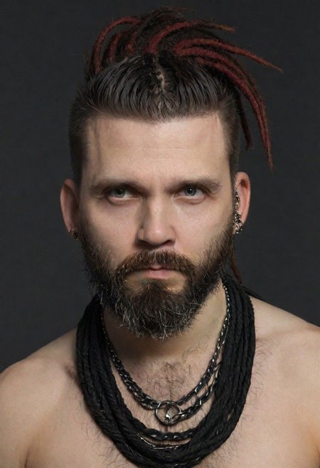 bearded man pavelabramov, multiples large necklaces, punk destroyed shirt, game character, deciduous, dirty clothes, thorns,serious face,cool, tattoos, subsurface scattering, black background, textured skin, red black hair, highly detailed hair, dreads, dreadlocks, mohawk haircut style, dark blackground, simple background