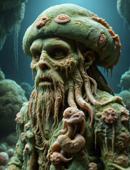 Davy Jones from Pirates of the Caribbean, squid beard, seashells, ral-mold,  8k, F2.8, RAW Photo, ultra detailed, <lora:ral-mold:0.8>    <lora:ral-mythcr:0.5>