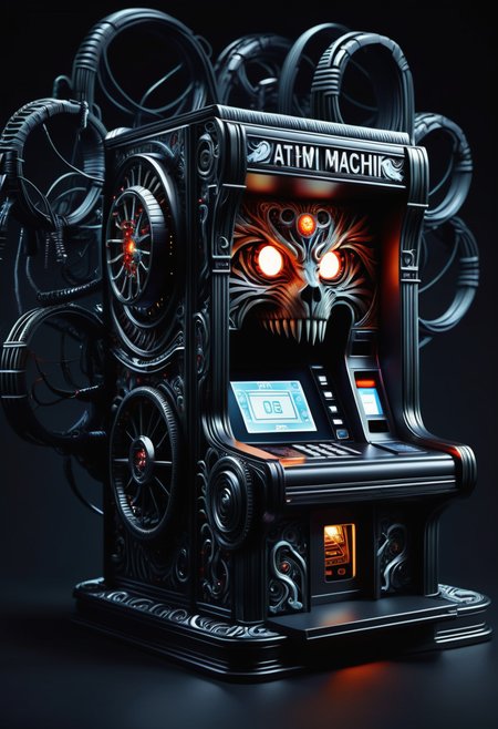 hyper detailed masterpiece, dynamic, awesome quality, DonMN1gh7D3m0nXL atm (automated teller machine), trackpads,escapement wheels,temperature settings,cabling,neutral body alignment,telescopic legs,  circuit pattern,  wrinkled, made of night  <lora:DonMN1gh7D3m0nXL-v1.1-000008:1>