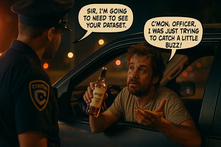 Create image a cinematic movie still, nostalgic 2000s party film vibes, a night scene, cinematic lighting, a DUI traffic stop,

BREAK

2 men:

in the foreground from behind we see 1 man wearing a police officer's uniform, on the sleeve is a badge that says "CIVITAI" with the CivitAI logo. The man is wearing a police officer's hat and he is looking at the man in the car he has apparently just pulled over. In a speech bubble we see he is saying: "Sir, I'm going to need to see your dataset." In the police officer's right hand we see a half-empty bottle of booze with a label that says "Bounty: Artstyle LoRA" ,

in the mid-ground we see 1 man in the driver's seat of the car that the police officer has pulled over, he appears drunk and disheveled with messy bedhead hair, he has a scraggly beard, the car door window is rolled down and through the open window the man in the car is looking up at the police officer and appears to be pleading his innocence, shrugging his shoulders in an exaggerated incredulous manner and raising his eyebrows, with a speech bubble we see that he is saying: "C'mon, officer, I was just trying to catch a little buzz"