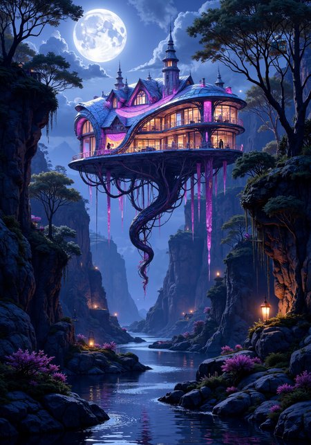 A visionary retreat seamlessly blending futuristic design with nature; an extraordinary house rising on twisted, luminous crystalline vines suspended over a reflective, moonlit canyon. Intricate, hand-carved details intertwine with ultramodern glass and metallic filigree, evoking surreal harmony between engineered precision and untamed wilderness. A palette of deep violet, iridescent blue, and soft silver glows amidst ambient, ethereal luminescence, casting intricate shadows over moss-covered rocky surfaces. Meticulous texture, high-resolution 8K detail, and atmospheric volumetric lighting enhance the enchanted interplay of space and form, evoking an otherworldly masterpiece where architectural audacity meets natural splendor. <lora:ck-charcoal-drawing-000014:0.3> <lora:It's a LoRA for portraits, BUT! actually specialized in backgrounds. v1.0:0.4> <lora:Memadukan_Brush_Strokes_of_Fineart:0.3> <lora:FluxMythP0rtr4itStyle:0.3> <lora:Organic Sauce - FLUX:0.2> <lora:flux_dev:1>