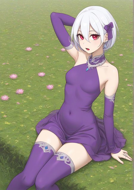 1girl,zPDXL3,arm behind head, arm up, bare shoulders, breasts, covered navel, detached sleeves, dress, earrings, field, flower, flower field, hair between eyes, hair ribbon, jewelry, looking at viewer, lotus, open mouth, petals, purple dress, purple thighhighs, red eyes, ribbon, ring, short hair, sitting, small breasts, solo, thighhighs, thighs, white hair <lora:ilica:1>