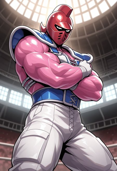 <lora:kinnikumanbigbodyv2:1>, kinnikumanbigbody, solo, black eyes, red helmet, mask, pink skin, shiny skin, mature, manly,  white chest pads, blue shoulder pads, white pants, pose, posing, BREAK masterpiece, best quality, amazing quality, very aesthetic, high resolution, 4K, extremely-detailed, depth of field, separate focus, newest, scenery, detailed muscles, cinematic lighting