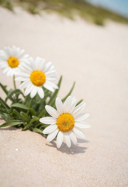 Bavarian ([Daisy:Daisies:2]:1.2) , Ceramic and Groovy, Rule of Thirds, Geeky beach, Hazy conditions, soft focus, Suffering, hard light, 50mm, professional, (sfw:1.1) <lora:picxer_real:0.8>