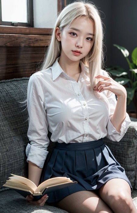cinematic photo "A close-up portrait of a 17-year-old girl with flowing white hair, sitting attractively with her legs crossed while reading a book. She is wearing a crisp white shirt and a stylish pink school uniform skirt. The scene takes place in a bright and relaxed atmosphere at dawn, with the soft light of the early morning illuminating her surroundings. The background features a blue roof and white walls, enhanced by the warm glow of the rising sun. Her expression is focused and content as she immerses herself in the book, with her white hair cascading around her, creating a cozy and inviting ambiance."
<lora:Better_Pose:1>  <lora:fluxenhancer:1> <lora:sparklycism:1>, <lora:Tangbohu_real_style_FLUX_type_A:1>, 35mm photograph, film, (bokeh:1.3), professional, 4k, highly detailed