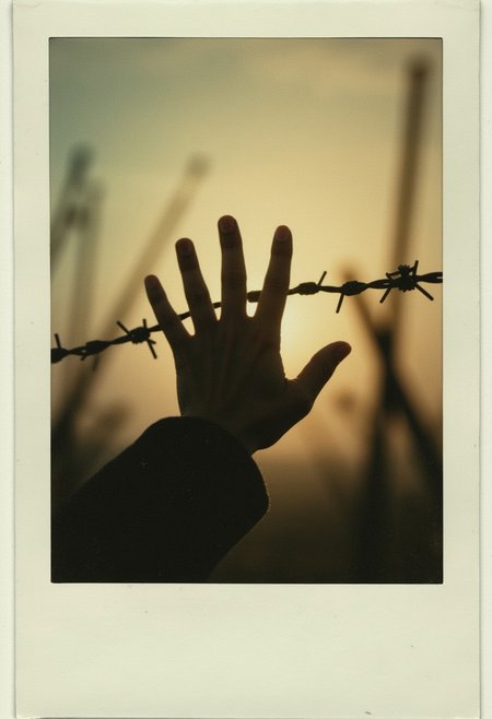 "A Polaroid of a hand reaching out through barbed wire, soft focus with a creamy bokeh, analog noise speckling the image, faint echoes of gunfire painted in watercolor-like streaks, an artsy fusion of despair and hope." cinematic_1940s cinematic_octane