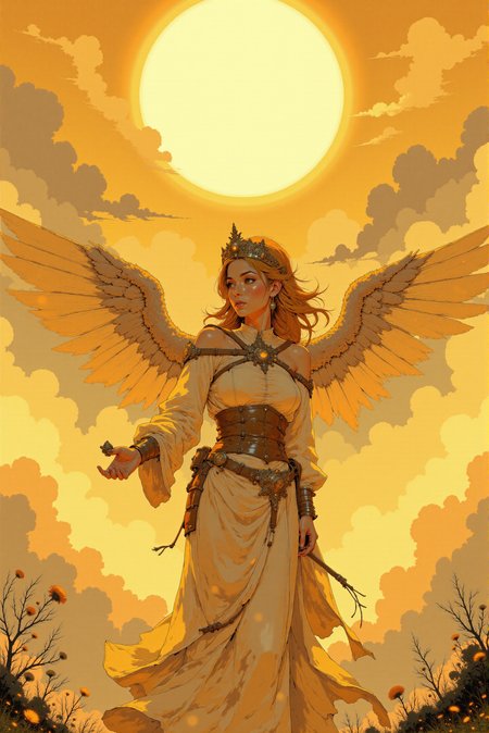 <lora:Fancha_style_v.5:0.90> Fancha style.  A powerful female angel figure. The scene is set against a radiant, golden sky filled with fluffy, glowing clouds, with the sun shining brilliantly at the top center, casting a warm, ethereal light. The woman stands majestically, with her long, flowing, golden-blonde hair cascading down her back, adorned with a delicate, ornate tiara. She has a serene, confident expression with striking, almond-shaped eyes and rosy cheeks.