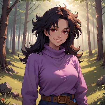 score_9, score_8, BREAK, solo, Sarah Henderson, messy hair, black hair, red eyes, purple sweater, pink strip, belt, blue pants, sexy pose, self portrait, smile, outdoors, sunlight, shadows, evening lighting, natural lighting, forest, trees, grass, orange sky, sunset
