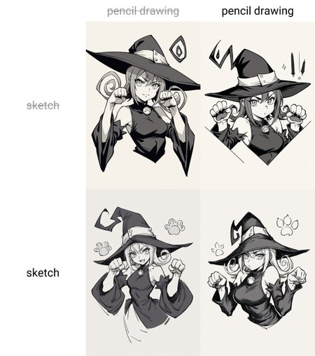 score_9, score_8_up,score_7_up, source_anime, seblair, witch hat, black dress, detached sleeves, black thighhighs, paw pose, :3, monochrome, upper body,
 <lora:Potat-pencil_drawing_sketch_v1-USENEG:-1> ,
<lora:souleater_blair_ponyXL:0.8>