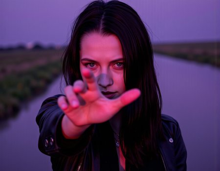 teresapl, RAW full-body analogue photo of Teresa palmer
reaching, foreshortening, flat color, limited palette, purple palette, glowing theme,
black hair, straight hair, looking at viewer, 
outdoors, rain, unusually open eyes, vanishing point, depth of field, ultra-detailed eyes, slit pupils, 
very awa, best quality, highres, masterpiece,
