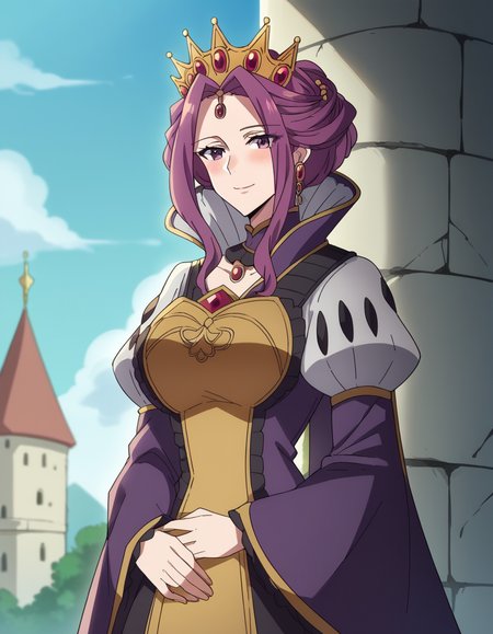 score_9, score_8_up, score_7_up, source_anime, <lora:mirelia-q-melromarc-s1s2s3-ponyxl-lora-nochekaiser:1>, mirelia q melromarc, purple hair, purple eyes, large breasts,, long sleeves, dress, jewelry, frills, puffy sleeves, wide sleeves, crown, purple dress,, castle, stone, towers, medieval, royalty, smile, hand on stomach, blush,, looking at viewer, solo,, dutch angle, cowboy shot