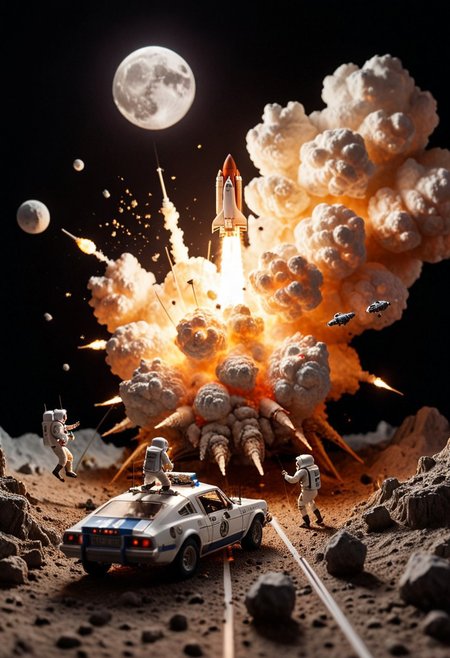 A diorama moon landing set transformed into a high-speed chase scene, with tiny mouses and explosions, intense lighting, shot on Mamiya 7 II with Mamiya Sekor C 80mm f/1.9 lens, highly detailed, dynamic, cinematic. 
zavy-cnmtc zavy-rmlght low-key
