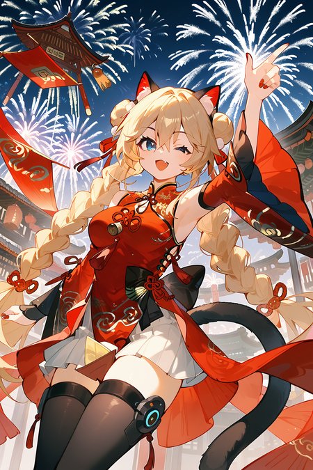 (score_9,score_8_up,score_7_up),<lora:Michele(kalabiqiu)-v1:1>,Michele(kalabiqiu),1girl,fireworks,animal ears,one eye closed,long hair,braid,breasts,blonde hair,cat ears,tail,blue eyes,armpits,smile,solo,double bun,looking at viewer,detached sleeves,hair bun,twin braids,open mouth,cat tail,red nails,nail polish,chinese new year,very long hair,dress,fang,skirt,;d,chinese clothes,clothing cutout,bangs,arm up,night,robot,pleated skirt,medium breasts,hair between eyes,thighhighs,aerial fireworks,white skirt,
good feet,anime,NSFW,expressive,amazing quality,ultra hd 32k,