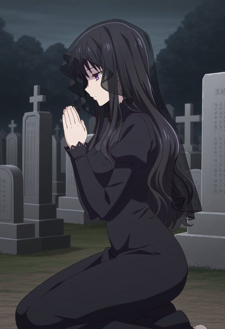 1girl,solo,mm,aged up,long hair,black hair,purple eyes,anime coloring,
black dress,veil,kneeling,praying,graveyard, from side
,masterpiece,best quality,amazing quality,<lora:Saki_Hanajima-Fruits_Basket_IL:0.8>