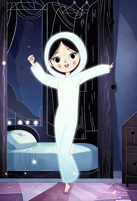 zPDXL3, source_cartoon, Perfect Hands, full body,
1girl, solo, aged down, bedroom, looking at viewer, saoirse, black hair, black eyes, blush, ghost, hood up, robe, barefoot, glowing, dancing on bed, from behind, facing at viewer, feeling cold, eyes open, smile, open mouth, sleeve past wrist, slim body, highlight cloth wrinkle, anime style, kicking, jumping,
<lora:Perfect Hands:1>  <lora:Saoirse_-_The_Song_of_the_Sea-000009:1>