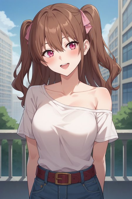score_9, score_8_up, score_7_up, source_anime, 1girl, prefect lighting, very aesthetic, intricate details, highly detailed background, masterpiece, high quality, prefect hands, best quality, solo,
<lora:Mikari_Tachibana_2.5_Dimensional_Seduction_V1:.85>, KJOmikari, brown hair, pink eyes, two side up, hair between eyes,
jeans, off shoulder, white t-shirt, belt, short sleeves, bare shoulder, 
arms behind back, head tilt, blush, smile, open mouth, 
city, day, 
(Beautiful, medium Breasts:1.2), natural breasts,