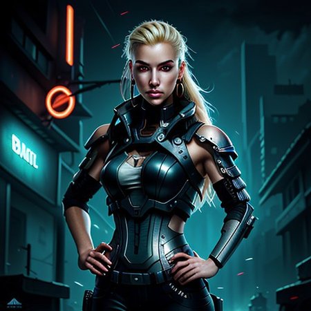 RAW photo, (masterpiece:1.3), subsurface scattering, heavy shadow, (high quality:1.4), (intricate, high detail:1.2), professional photography, HDR, High Dynamic Range, realistic, ultra realistic, photorealistic, high resolution, film photography, ambient lighting, atmospheric effects, OverallDetail:1.3,  1girl, symmetrical hair, armored shoulders, armored bodysuit, black pants, blonde hair, jacket, cyberpunk, cychar, earrings, eyelashes, hand on hip, holster, jacket, jewelry, lips, long hair, medium breasts, neon lights, metal eyes, outdoors, metal nails, ponytail science fiction, solo, tassel earrings, epiCPhoto