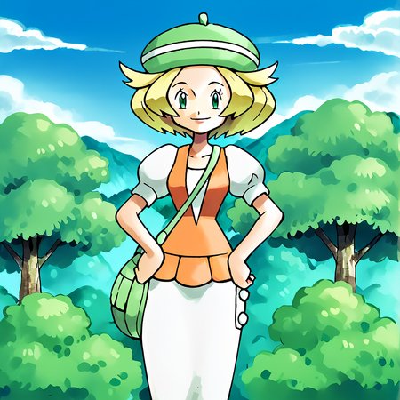 score_9, score_8_up, score_7_up, score_6_up, score_5_up, score_4_up,  <lora:Bianca_Pokemon_BW1:1>, <lora:KenSugimoriPony:0.8>, ken sugimori, watercolor \(medium\), bianca \(pokemon\), 1girl, solo, looking at viewer, smile, hat, dress, short sleeves, outdoors, sky, day, puffy sleeves, cloud, bag, tree, white skirt, nature, hands on hips, handbag, green headwear, green eyes, blonde hair, beret, puffy short sleeves, short hair
