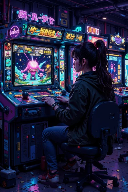 A person playing video games in an arcade, bright luminous night, woman, very intricate, very detailed, sharp, bright, colorful, <lora:Hand v2:0.5> <lora:Anti-Blur:1><lora:Insane Detail Slider:0.25>  <lora:flux.1_lora_flyway_Epic-detail_v2:0.3> <lora:fluxenhancer:0.25><lora:ck-Neon-Retrowave:0.4> ck-rw, in the style of ck-rw,  <lora:Neurocore Anime Cyberpunk:0.8> A digital artwork in the style of cknc