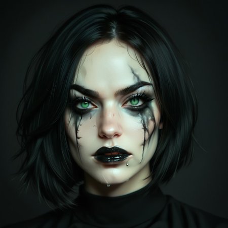 portrait of girl, white and black hair, bob haircut, black background, gothic makeup, ruined makeup, smudged makeup, with fangs visible, dark makeup, long eyelashes, high contrast, vibrant color palette, green eyes, black clothes, detailed face, sharp details, realistic digital painting, angry at viewer, sadic, drooling