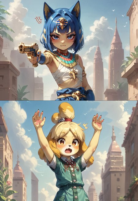 score_9, score_8_up, score_7_up, 1girl, Ankha, source_furry, blue hair, naughty smirk, blush, fang out, cat girl, yellow blue tail, holding gun, dutch angle, cute, young, expressiveH, anger, on battleground, solo, city, clouds, yellow skin, hand in pocket, hkwarrior, dynamic pose, claw, aiming,