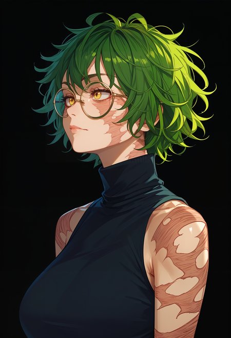 score_9,score_8_up,score_7_up,score_6_up,<lora:maki zenin pdxl goofy:1>maki zenin, 1girl, solo, glasses, scar,large breasts, round eyewear, short hair,messy hair,green hair,yellow eyes,portrait,upepr body,black turtleneck, sleeveless, white background,