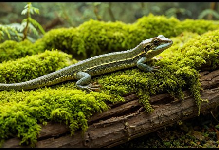 Cinematic, Cinematic Lighting, Cinematic Shot, extremely detailed, Film Still, macro photography, depth of field,  high detail, hires textures, incredibly detailed, intricate details, intricate diorama, masterpiece, Movie Still, outstanding intricacies, photorealism, true masterpiece, fountain background, glamourous, Stately, lizard, skink, Plestiodon, cry5t415ku11, Pacific Northwest conifer forest, sitting beneath a rotten log with mold and moss.