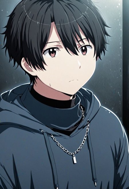 high resolution, solo, best quality, 1Boy, Inaho Kaizuka, Black Hair, bangs, necklace, choker, hair between eyes, Hoodie, OverallDetail