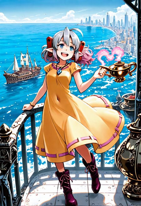 <lora:illustrious_XL_josette:0.9>,josette,masterpiece,best quality,good quality,1girl,solo,yellow dress,dress,necklace,boots,day,city,ocean,water,aircraft,watercraft,ship,:d,,Genie, gradient hair, grey hair to dark pink hair, pointy ears, floating, magic lamp, navel