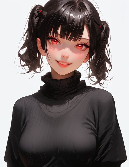 zPDXLxxx, Expressiveh, 

sasaki_kanna, red eyes, black hair, short twintails, bangs,

 ((open grey coat with white fluffy edged hood, high-neck pleated black sweater vest, denim shorts frayed edge,

Large breasts, natural sagging breasts, 

score_9, score_8_up, score_7_up,score_6_up,

highres, high quality, perfection, masterpiece, detailed, source_anime, simple white background, solo, front view portrait, face focus, intricate features, beautiful, petite body, detailed face, eyelashes, perfect eyes, detailed eyes, small breasts, clothed, standing, smiling, looking at viewer,
