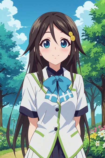  reina izumi,1girl,solo,smile,long hair,hair ornament,looking at viewer,school uniform,bow,hairclip,skirt,hair_between_eyes,blush,arms_behind_back,cowboy_shot BREAK outdoors,forest,tree,blue sky,flower     <lora:Reina_Izumi_-_Musaigen_no_Phantom_World.safetensors:0.8> 