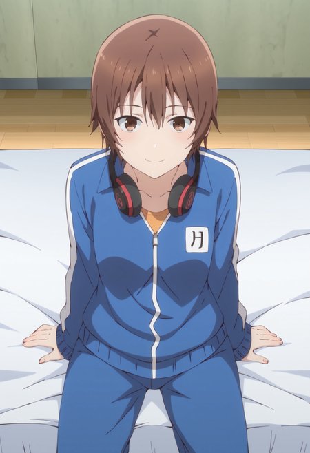 score_9, score_8_up, score_7_up, source_anime, 
BREAK,
 <lora:ninomae_kanade_ponyXL_v1:1> ninomae kanade, brown hair, short hair, brown eyes, 1girl, solo, headphones around neck, track jacket, pants, looking at viewer, indoors, sitting, bed, smile,