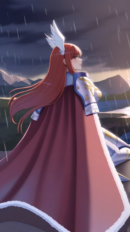 masterpiece, best quality, very aesthetic, absurdres, BREAK, 1girl, looking at viewer, cowboy shot, from behind, 
<lora:Farewell_Erza_Illu_Dwnsty:1>, erz_farewell, brown eyes, red hair, long hair, wing hair ornament, hair ornament, head wings, valkyrie, armored dress, shoulder armor, (red cape), gauntlets, fur trim, pauldrons,
large breasts, lips, light smile, wariza, 
outdoors, cliff, mountain, rain, cloudy sky, storm, autumn,