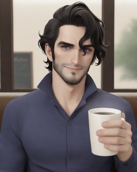 masterpiece, best quality, good face, looking at viewer, smile, closed mouth, wide shot, Medium shot,  <lora:Augustine_Sycamore:0.7> asycamore, augustine_sycamore, 1boy, blue eyes, facial hair, stubble, black hair, sitting in a cafe, holding a cup of coffee,