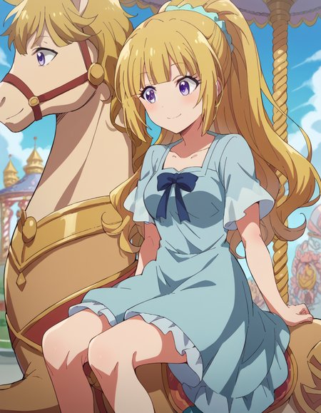 score_9, score_8_up, score_7_up, source_anime, <lora:kei-karuizawa-anime-s2-ponyxl-lora-nochekaiser:1>, kei karuizawa, long hair, bangs, blunt bangs, purple eyes, blonde hair, hair ornament, ponytail, scrunchie, blue scrunchie, medium breasts,, <lora:carousel-ponyxl-lora-nochekaiser:1>, carousel, sitting, riding,, blush, smile, casual dress, solo,,