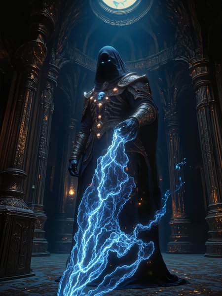 photorealistic, highly detailed, intricate, fractal, iridescence, low angle view, from below, 8k, 4k, masterwork digital illustration depicting a towering, hooded lich in ornate armor with eyes glowing with bright blue fire, he is wielding a long and elegant symmetrical greatsword made of azure fire, the scene is set in an ancient castle's shimmering marble grand hall, dimly lit by moonlight coming through the ceiling, front view, dimly lit, bokeh, r3alisticf, ne0nfant4sy, midjourney_whisper_avant_couture
<lora:style-mythic_fantasy-realistic-flux-by_velvets:0.8> 
<lora:style-neon_fantasy-flux-by_neowave:0.8> 
<lora:epic_gorgeous_details-balance-flux-by_flyway:0.8> 
<lora:style-midjourney_lucid_dreams-flux-by_kawaiikitsuneai:0.16> 
<lora:midjourney_whisper_avant_couture-flux-by_aihonobono2023:0.8>