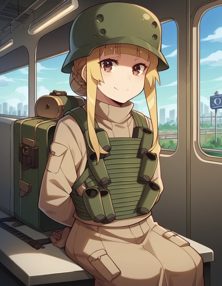 score_9, score_8_up, score_7_up, source_anime, <lora:fukaziroh-s1-ponyxl-lora-nochekaiser:1>, fukaziroh, blonde hair, brown eyes, braid, hair bun, single hair bun,, uniform, military, military uniform, helmet, load bearing vest, train station, waiting for train, suitcase, traveling, commute, city skyline, hands behind back,, smile, looking at viewer, sitting, elbow rest, table,, solo,, cowboy shot, dutch angle,