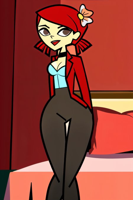 in the Bedroom, (Realistic:1.5) 1girl, solo, open mouth, cleavage, medium breasts, full body, red hair, hair flower, black choker, brown eyes, Blazer with dress pants <lora:EdobZoeyTotalDrama_v1.0:0.8>