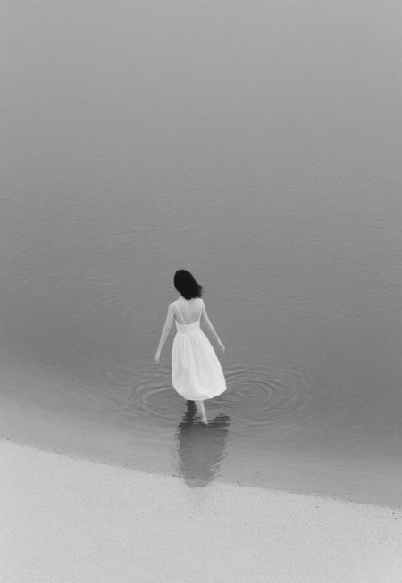 Girl Walking on the water wearing white dress, Completely White background, abstract, surreal, Soft diffused lighting, grayscale, Monochromatic, Black and White, Muted Tones, Minimalist, Ethereal, Leica MP, Leica Noctilux 50mm f0.95  Lens, Kodak Tri-X 400 Film, 35mm Film, Film Grain, Film halation