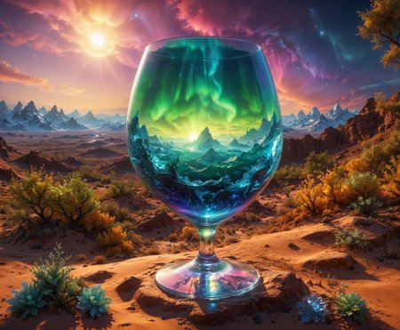 Terragen, Close-up Wineglass containing a whole universe of fantasy with a (frozen forest and even a Aurora) in it on a pedestal in an arid desert) . colorful ((fauna)) in wineglass . photo realistic, high details, 8k, HDR, volumetric lighting, ((multi-colored artistic lighting)), vibrant shades, sun shafts, best quality . hot dead desert outline the weinglass, morph-aurora, beautiful massive landscape, epic scenery, Terragen