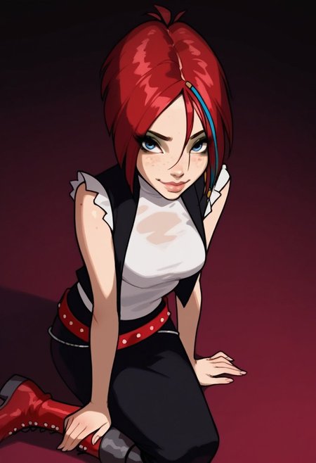 score_9, score_8_up, score_7_up, ( realistic:1.4), source_cartoon, source_western,
artificial light source, rating_lewd, 
1girl, (((solo))), solo focus,
20 years old, 
xmirtax, red hair, short hair, blue eyes, streaked hair, freckles, 
medium breasts, 
(white shirt, sleeveless, vest, black skirt, loose belt, pants, boots), 
teasing, (beautiful face, beautiful eyes, beautiful makeup, eyeliner, eyeshadow, long eyelashes, sexy smile, soft lips, full lips, seductive), dynamic sexy pose, sexy smile, aroused, horny, looking at viewer, very sexy, very cute, shiny skin, Expressiveh,